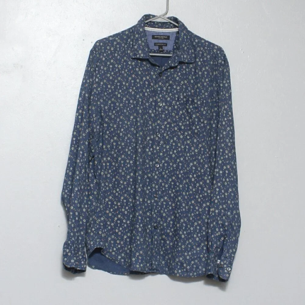 Banana Republic Camden fit linen navy floral button up shirt